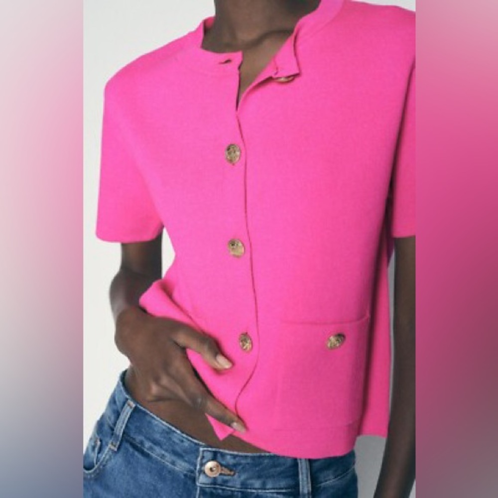 Zara Pink Short Sleeve Cardigan Sweater Top SZ S